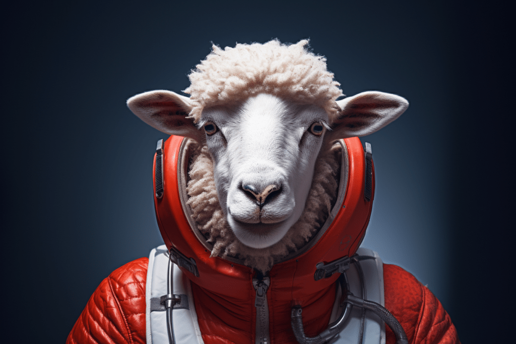 Sheep in spacesuit imagined by Brian Goldie and created by Ai