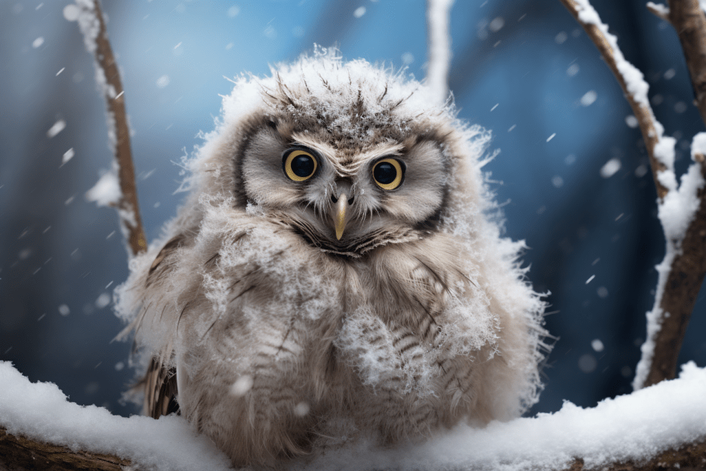 Baby owl in snow imagined by Brian Goldie and created by Ai